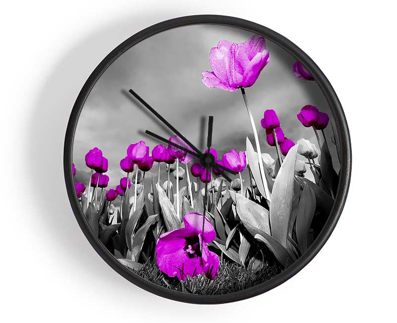 Purple Tuilp Skies B n W Clock - Wallart-Direct UK