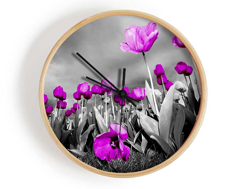 Purple Tuilp Skies B n W Clock - Wallart-Direct UK