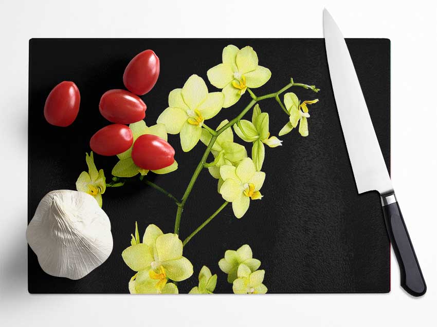 Yellow Star Flowers On Black Glass Chopping Board