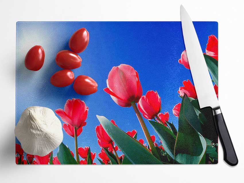 Pink Tulips In The Blazing Sun Glass Chopping Board