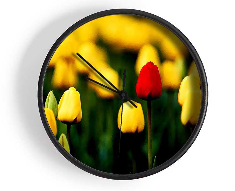 Red Tulip In A Field Of Yellows Clock - Wallart-Direct UK