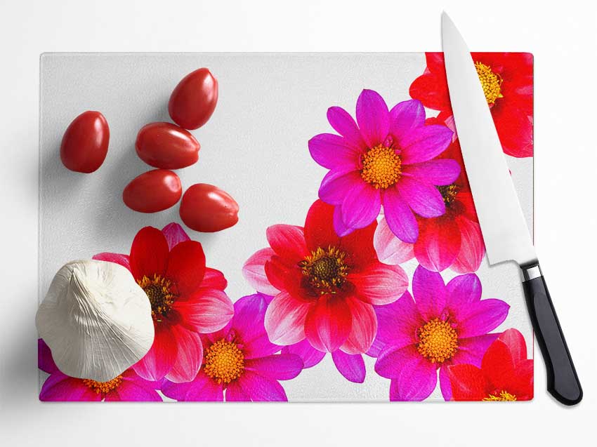 Pink And Red Flower Heads Glass Chopping Board