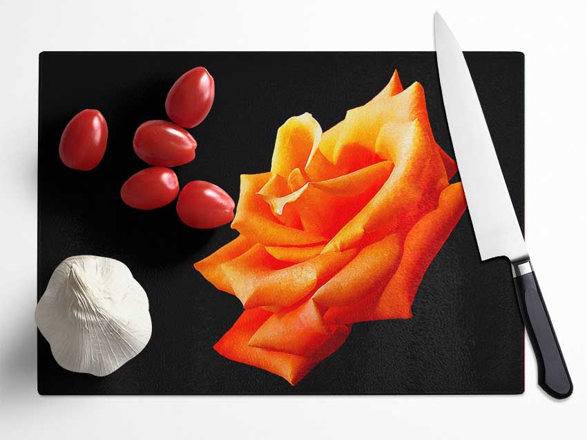 Single Orange Rose In Bloom Glass Chopping Board