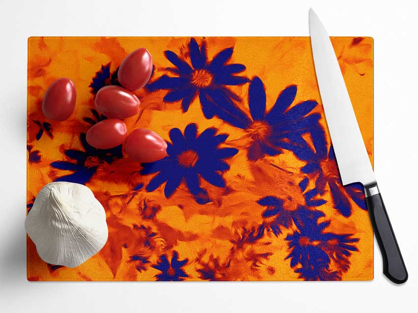 Purple On Orange Flowers Glass Chopping Board