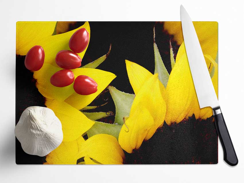 Yellow Sunflower Twins Close-Up Glass Chopping Board