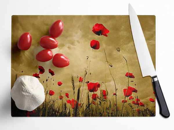 Red Poppy skies Glass Chopping Board