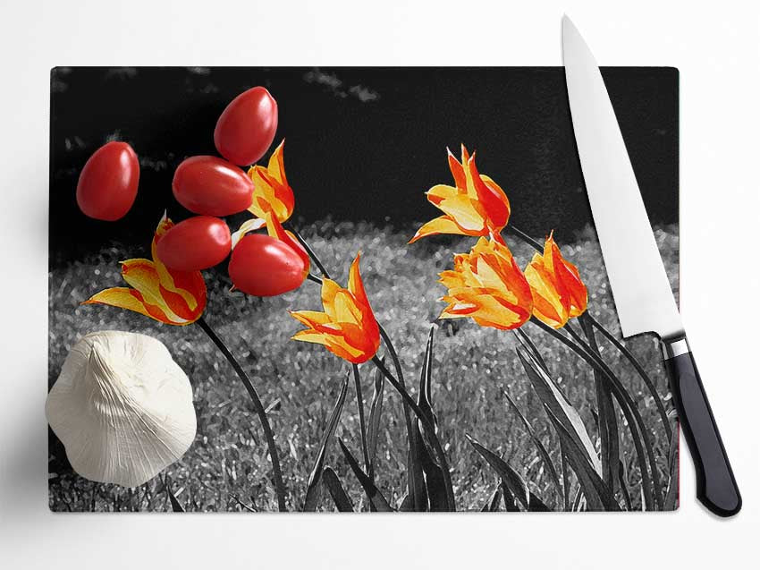 Orange Tulips On B n W Glass Chopping Board