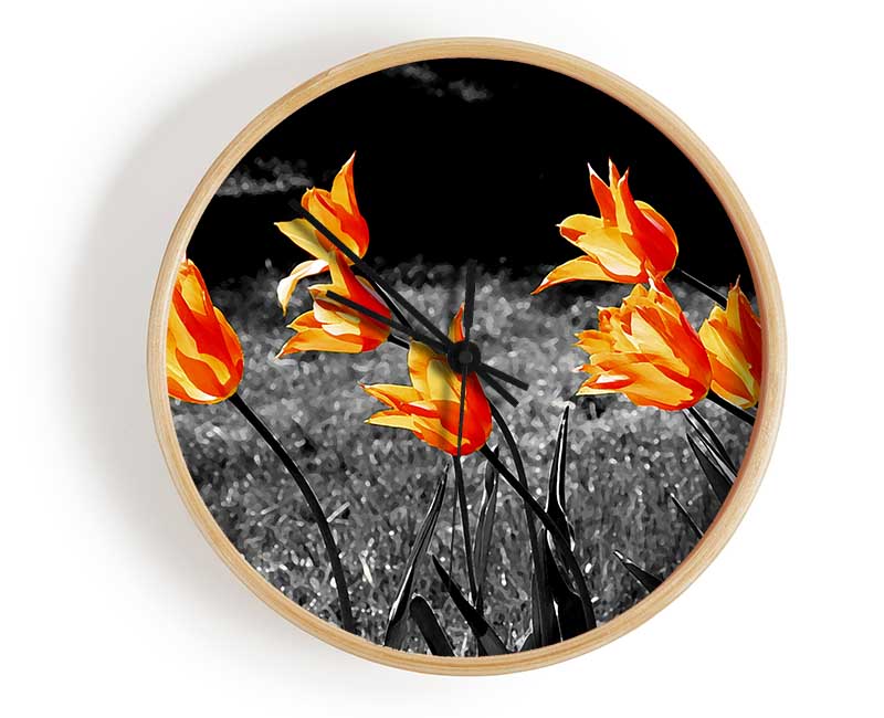 Orange Tulips On B n W Clock - Wallart-Direct UK