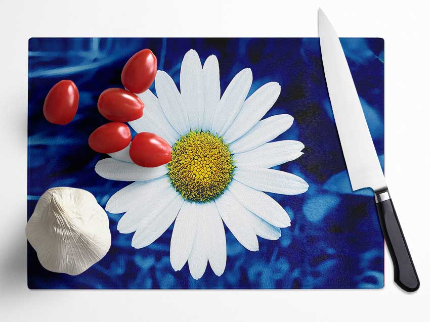 White Daisy Face On Blue Glass Chopping Board