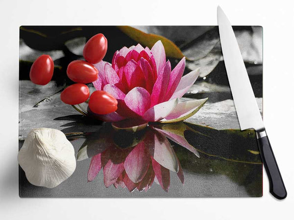 Pink Water Lily Reflections B n W Glass Chopping Board