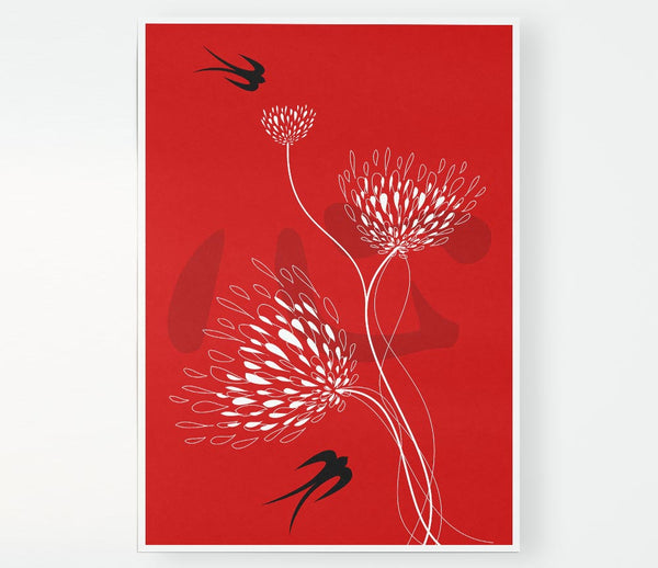 Flower Doves White On Red Print Poster Wall Art