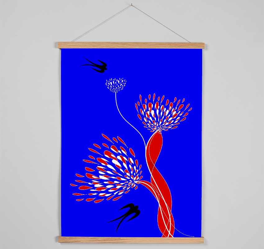 Flower Doves Blue On Red Hanging Poster - Wallart-Direct UK