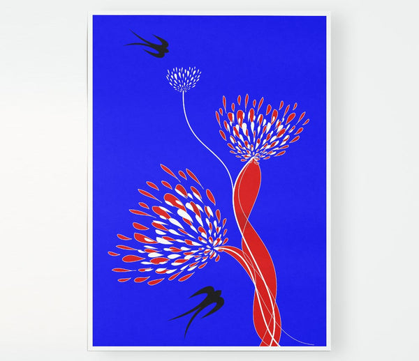 Flower Doves Blue On Red Print Poster Wall Art