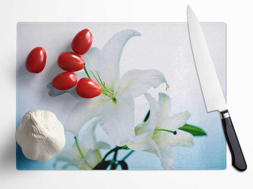 White Flowers In Bloom On Baby Blue Glass Chopping Board