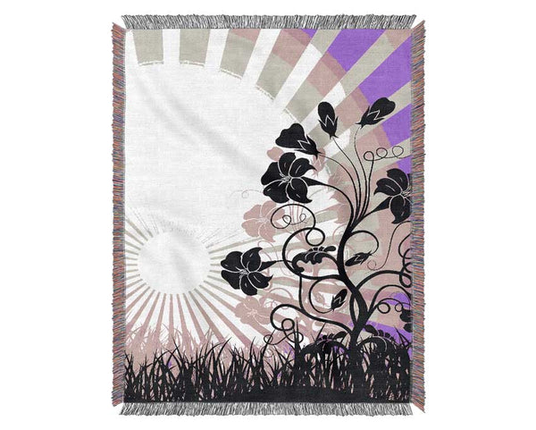 Black Flowers Pink Sunrays Woven Blanket