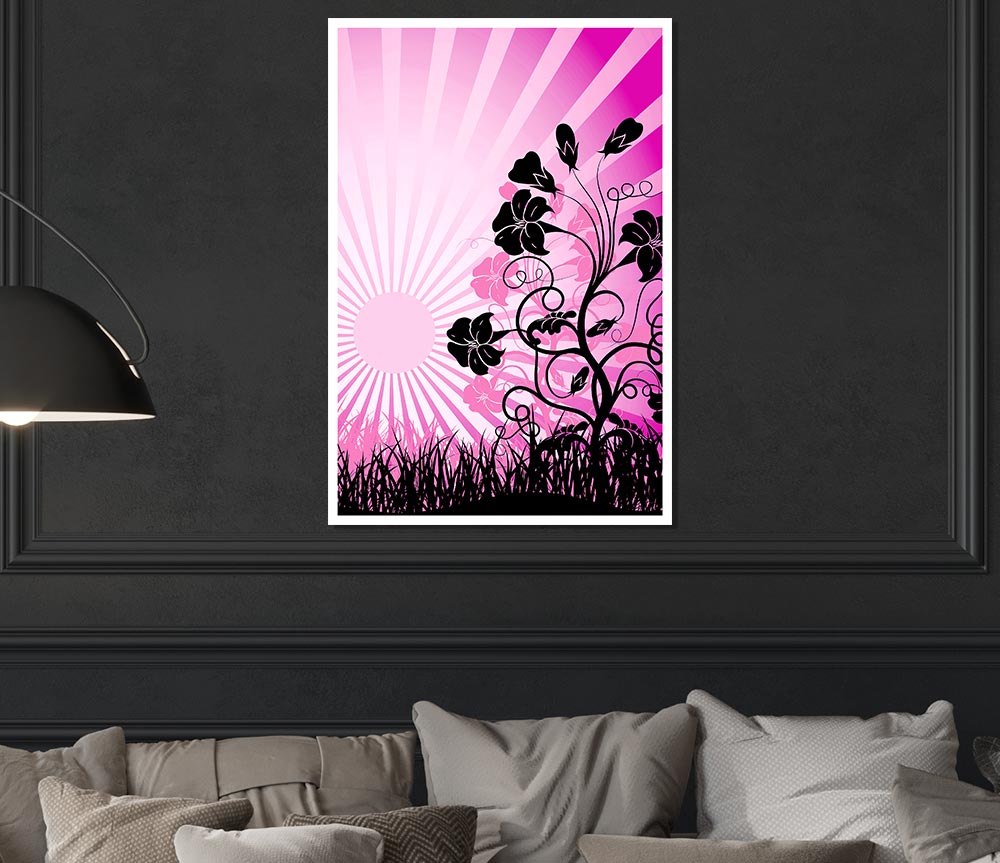 Black Flowers Pink Sunrays Print Poster Wall Art