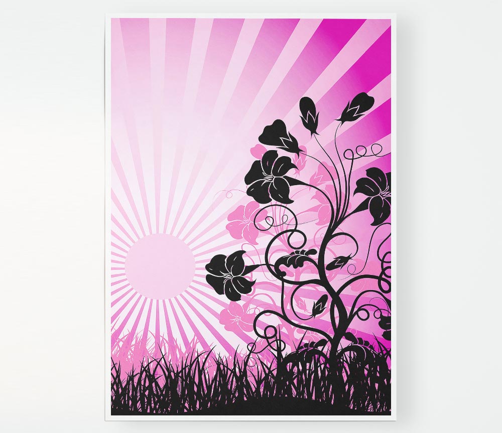 Black Flowers Pink Sunrays Print Poster Wall Art