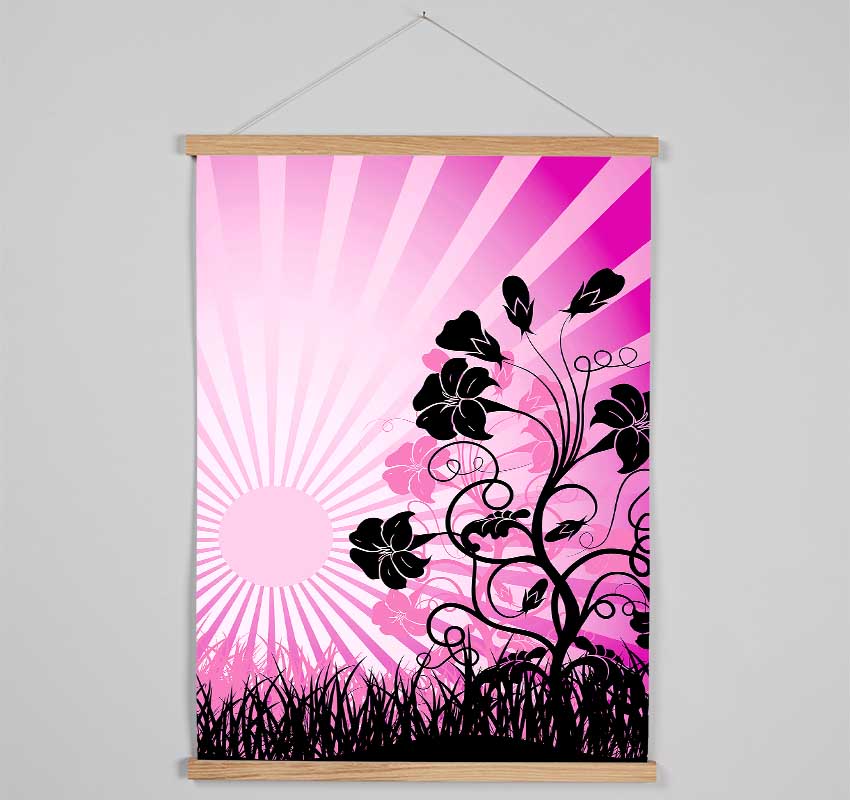 Black Flowers Pink Sunrays Hanging Poster - Wallart-Direct UK