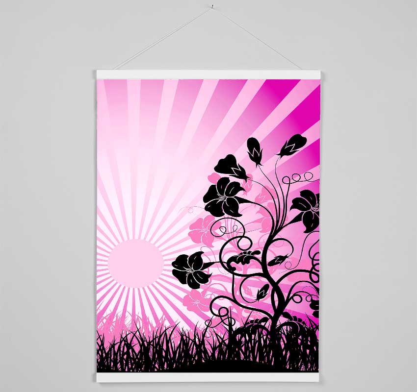 Black Flowers Pink Sunrays Hanging Poster - Wallart-Direct UK