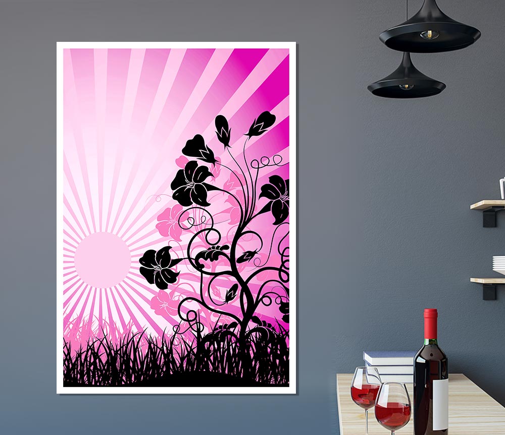 Black Flowers Pink Sunrays Print Poster Wall Art