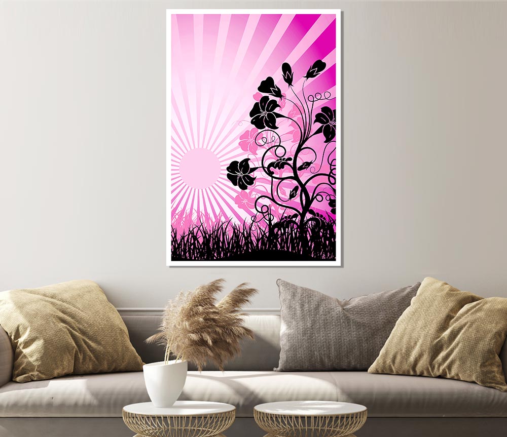 Black Flowers Pink Sunrays Print Poster Wall Art