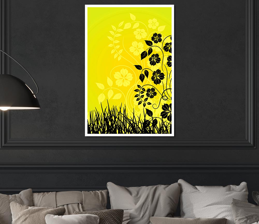 Black Flowers In Yellow Sun Print Poster Wall Art