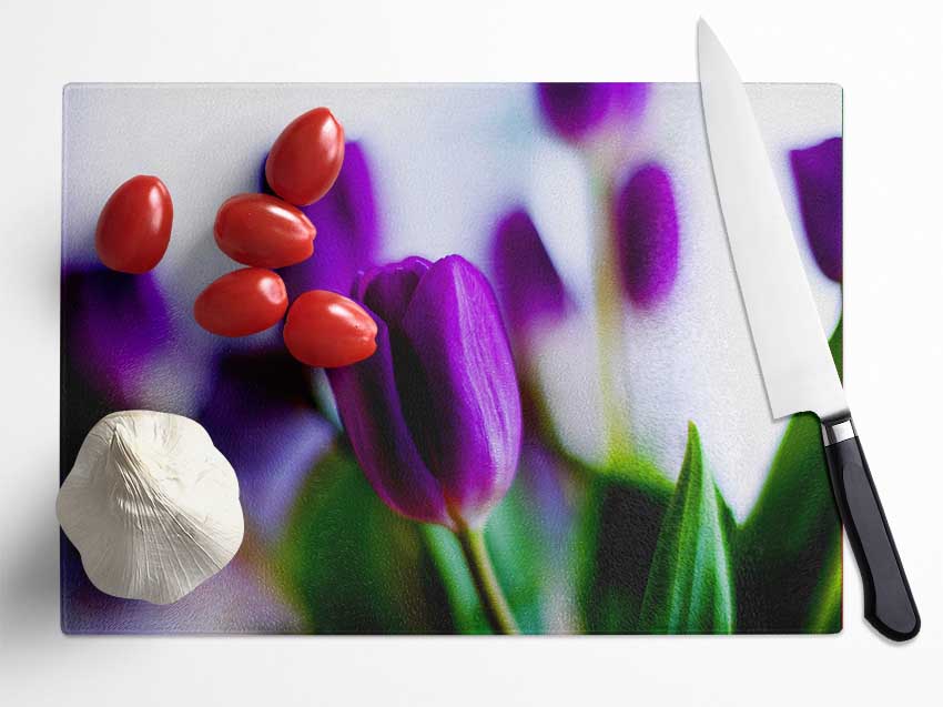 Purple Tulips Glass Chopping Board