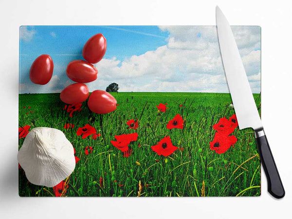 Poppy Fields On A Cloudy Day Glass Chopping Board