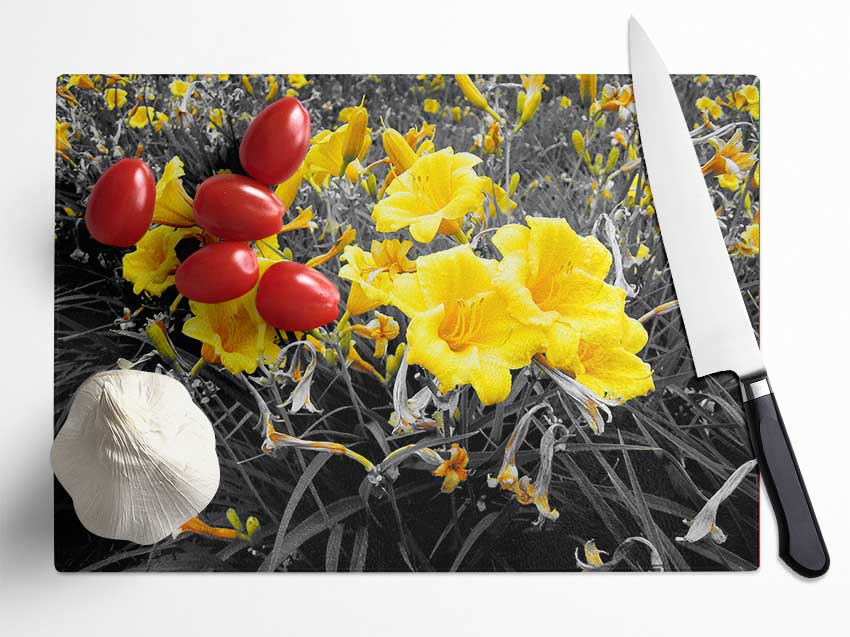 Yellow Trumpet Flowers On B n W Glass Chopping Board