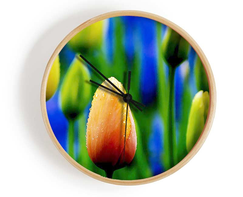 Yellow Tulips In A Blue Field Clock - Wallart-Direct UK