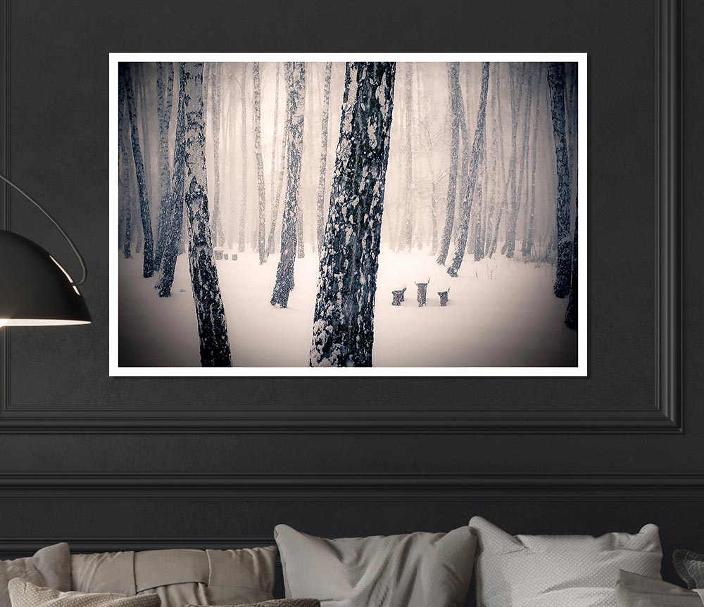 Forest Snowing Print Poster Wall Art