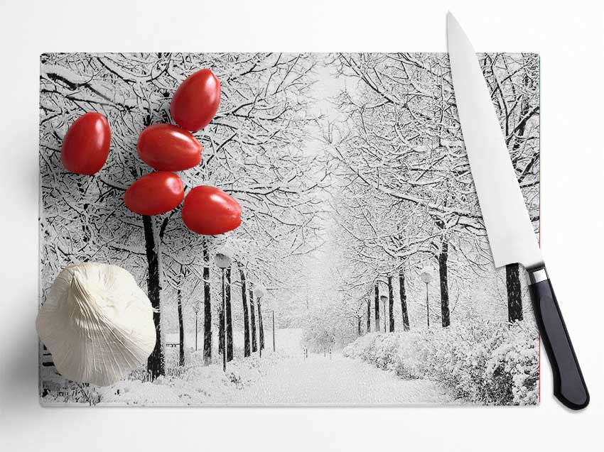 Winter In The Park Black And White Glass Chopping Board