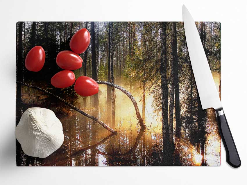 Swamp Forest Morning Mist Glass Chopping Board