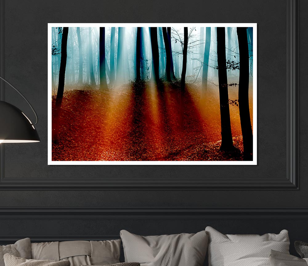 Autumn Forest Blue Sun Beams Print Poster Wall Art