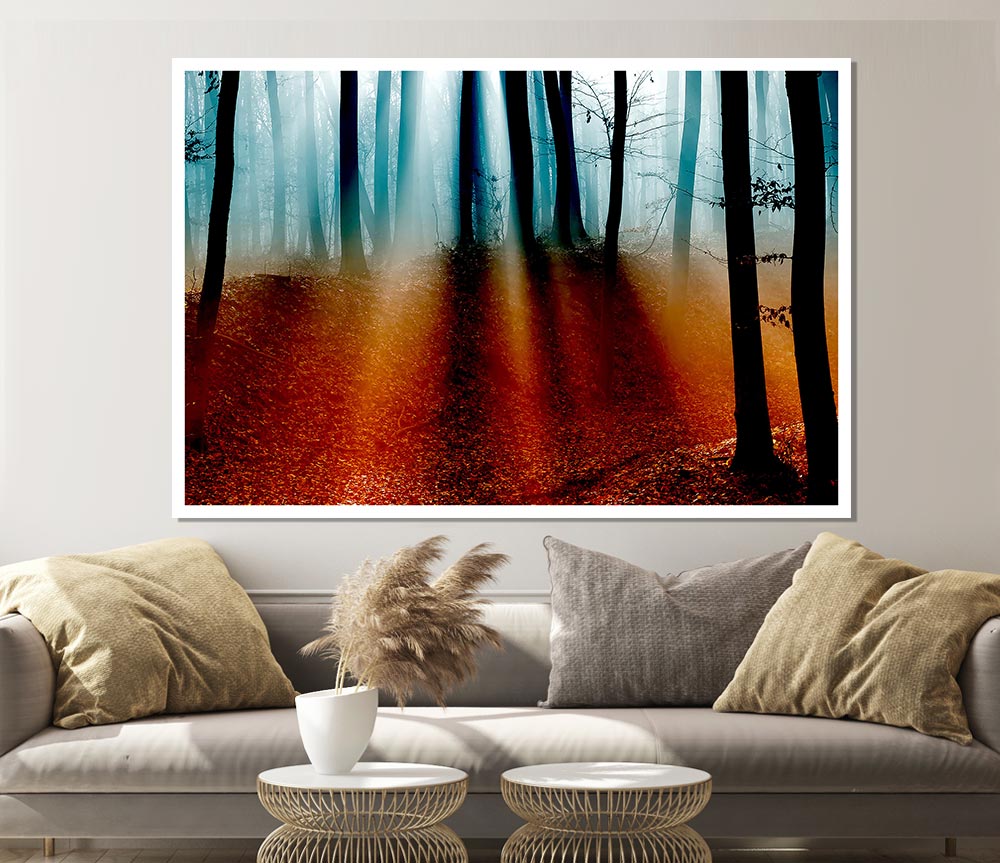 Autumn Forest Blue Sun Beams Print Poster Wall Art