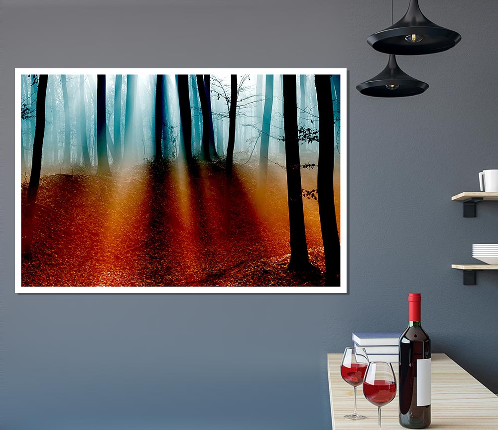 Autumn Forest Blue Sun Beams Print Poster Wall Art