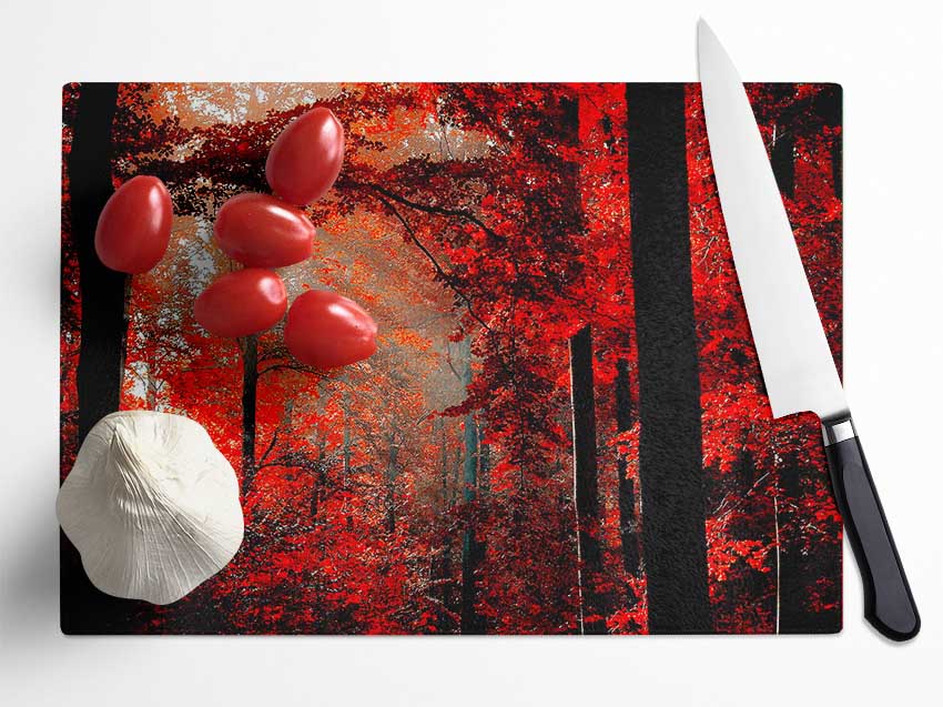 Red Forest Delight Glass Chopping Board