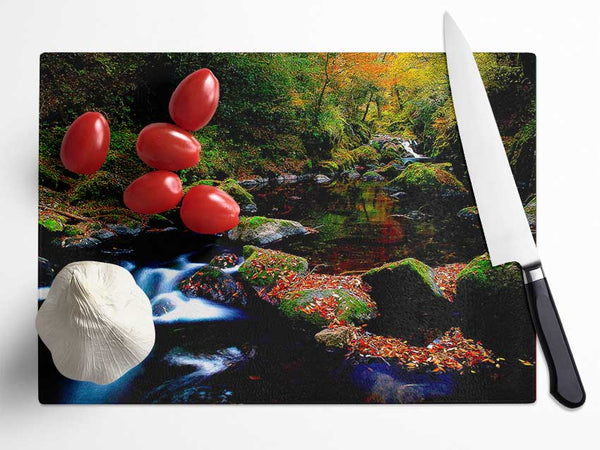 Autumn Forest River Glass Chopping Board