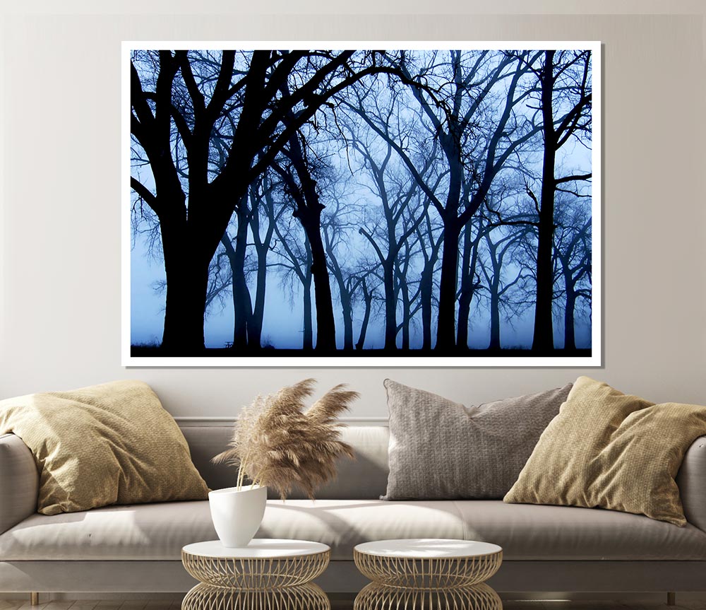 Blue Night Forest Print Poster Wall Art