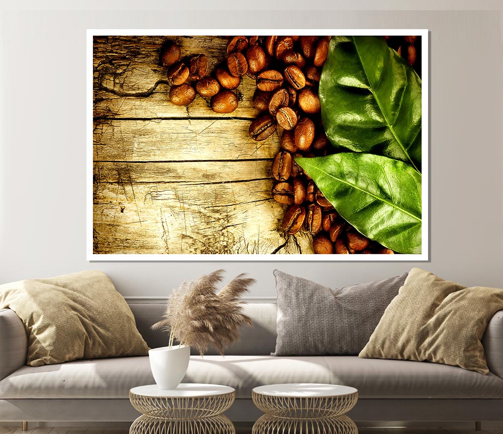 Coffee Beans And Leaves Print Poster Wall Art