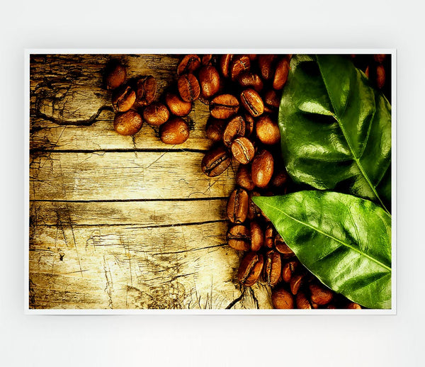 Coffee Beans And Leaves Print Poster Wall Art