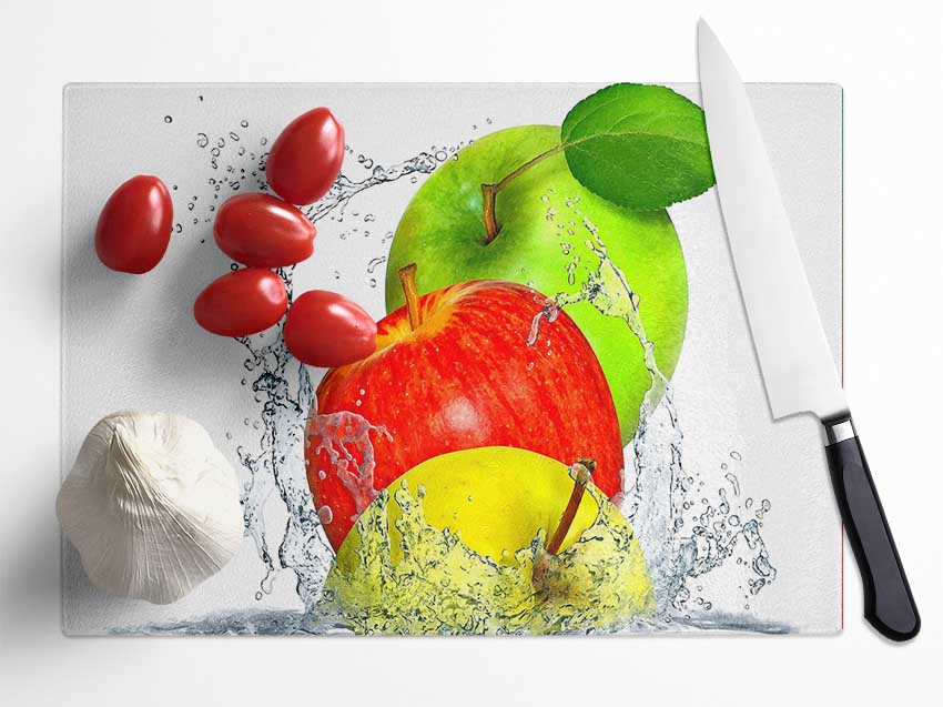 Apples Splashing Water Glass Chopping Board