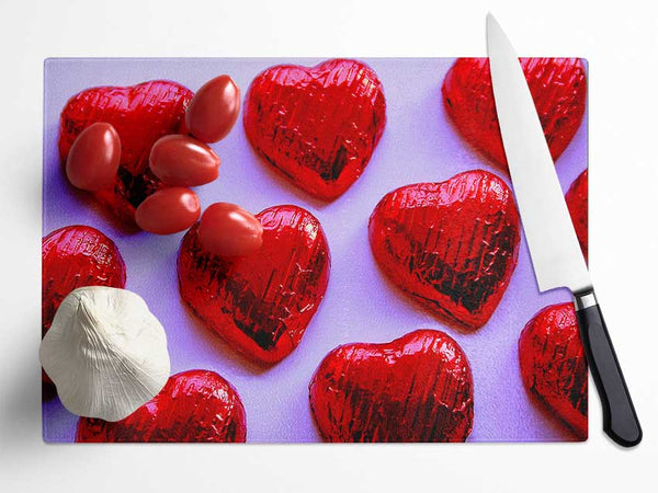 Red Chocolate Love Hearts Glass Chopping Board