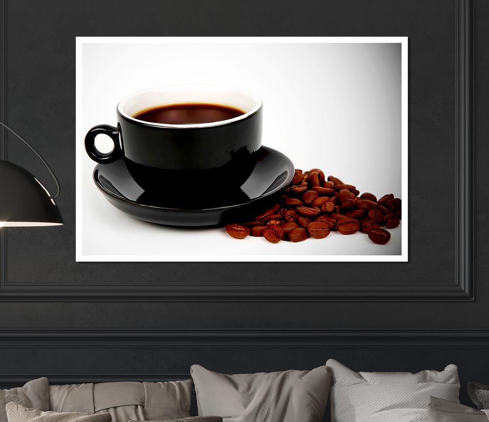 Black Coffee With Beans Print Poster Wall Art