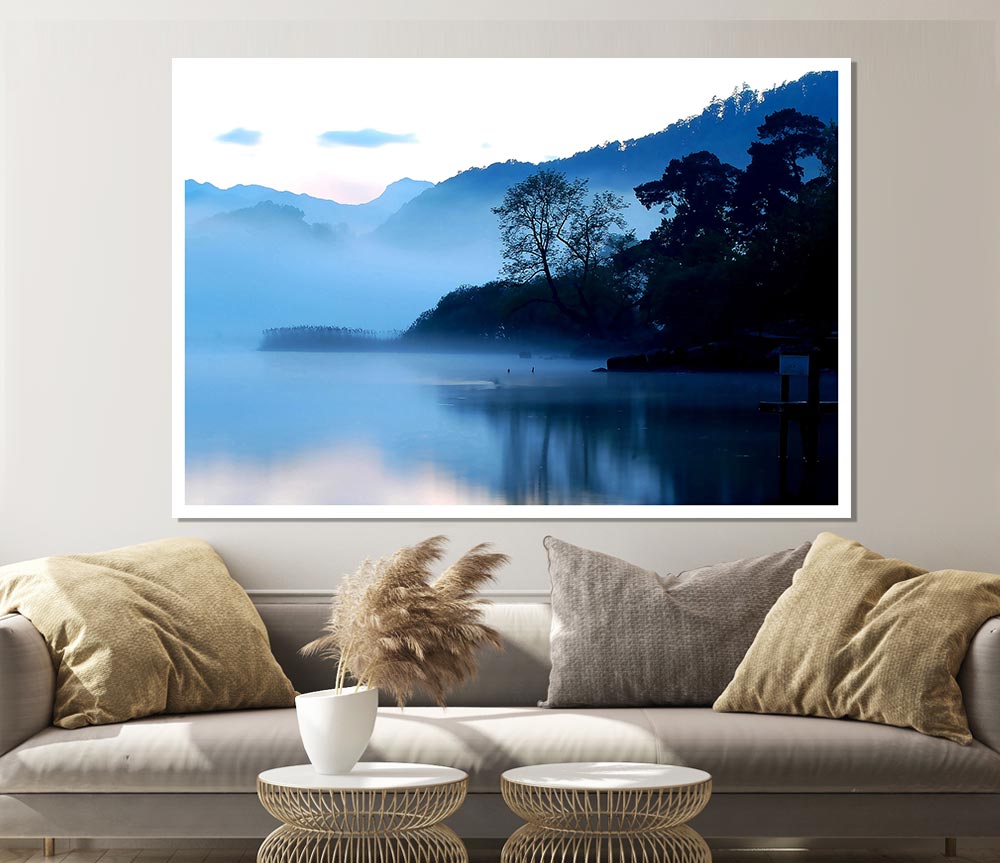 Early Morning Blue Lake Print Poster Wall Art