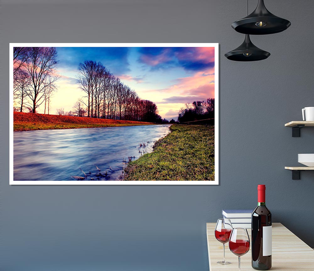 Countryside Stream At Sunset Print Poster Wall Art