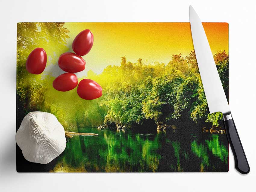 Lush Green Forest River At Sunrise Glass Chopping Board