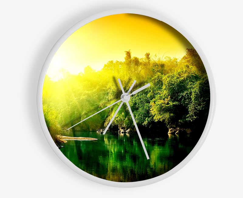 Lush Green Forest River At Sunrise Clock - Wallart-Direct UK