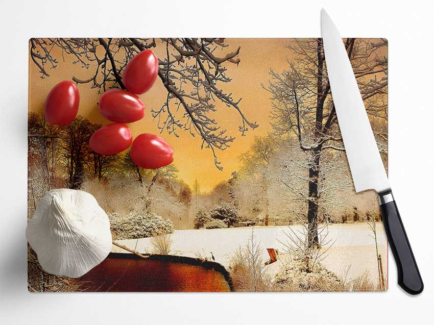 Winter Lake Paradise Glass Chopping Board