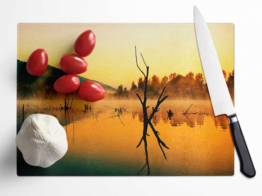 Morning Mist Over The Lake Glass Chopping Board